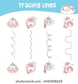 Tracing vertical lines activity for children. Tracing worksheet for kids, practising the motoric skills. Dotted Lines. Educational printable worksheet. Vector file.