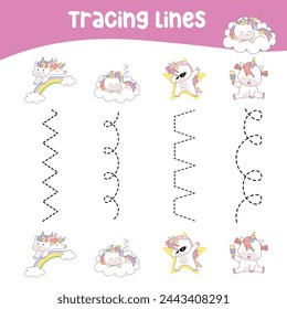 Tracing vertical lines activity for children. Tracing worksheet for kids, practising the motoric skills. Dotted Lines. Educational printable worksheet. Vector file.