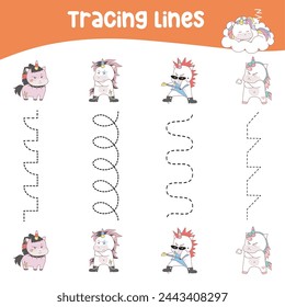 Rastreo de líneas verticales de actividad para niños. Hoja de trabajo de seguimiento para los niños, la práctica de las habilidades motoras. Líneas de puntos. Hoja de trabajo educativa imprimible. Archivo vectorial.