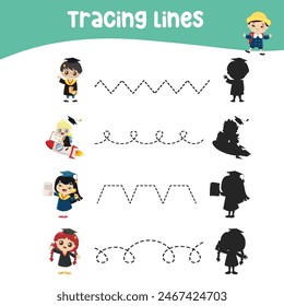 Tracing vertical lines activity for children. Tracing worksheet for kids, practising the motoric skills. Dotted Lines. Educational printable worksheet. Vector file.