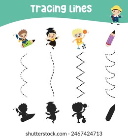 Tracing vertical lines activity for children. Tracing worksheet for kids, practising the motoric skills. Dotted Lines. Educational printable worksheet. Vector file.