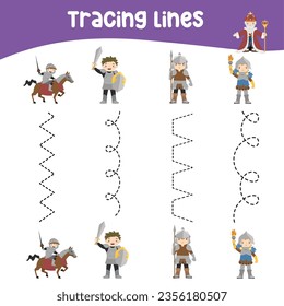 Tracing vertical lines activity with cute fairytale kingdom theme. Tracing worksheet for kids practising the motoric skills. Educational printable worksheet. Vector illustration.