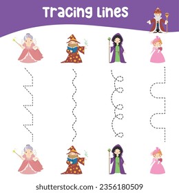 Tracing vertical lines activity with cute fairytale kingdom theme. Tracing worksheet for kids practising the motoric skills. Educational printable worksheet. Vector illustration.