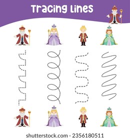 Tracing vertical lines activity with cute fairytale kingdom theme. Tracing worksheet for kids practising the motoric skills. Educational printable worksheet. Vector illustration.