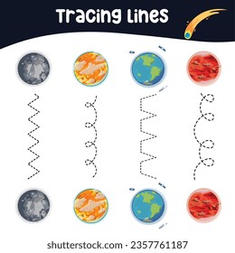 Tracing vertical lines activity with planets in the solar system, earth, mars, venus, Uranus, Saturn, mercury, etc. Tracing worksheet for kids practising the motoric skills. Educational printable page