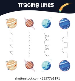 Tracing vertical lines activity with planets in the solar system, earth, mars, venus, Uranus, Saturn, mercury, etc. Tracing worksheet for kids practising the motoric skills. Educational printable page