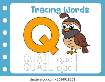 tracing the word of cute quail. animal education game