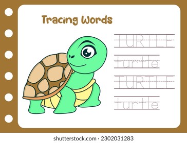 tracing the word of cute turtle. kid learning alphabet