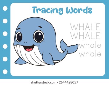 tracing the word of cute whale. animal education game