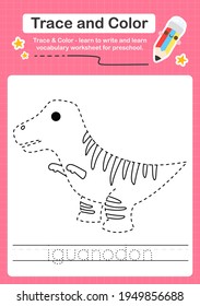 I Tracing word for dinosaurs and coloring trace worksheet for kids to practice writing skills with the word Iguanodon 