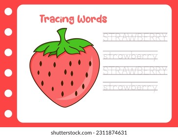 tracing word of strawberry. kids lesson 