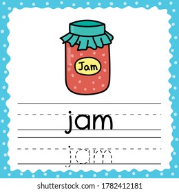 Tracing words flashcard - Jam. Writing practice for kids. Flash card with simple three letter word. Activity page for toddlers. Vector illustration