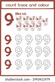 tracing words for kids. count trace and colour cat