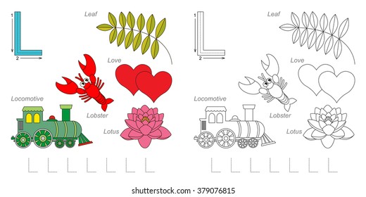 Tracing Worksheet for children. Full english alphabet from A to Z, pictures for letter L