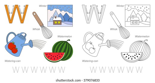 Tracing Worksheet for children. Full english alphabet from A to Z, pictures for letter W