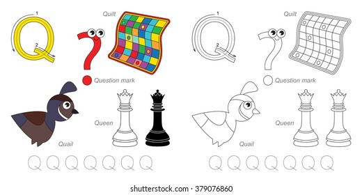 Tracing Worksheet for children. Full english alphabet from A to Z, pictures for letter Q