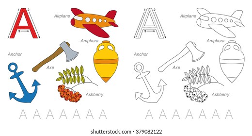 Tracing Worksheet for children. Full english alphabet from A to Z, pictures for letter A