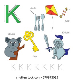 Tracing Worksheet for children. Full english alphabet from A to Z, pictures for letter K, the colorful version.