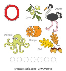 Tracing Worksheet for children. Full english alphabet from A to Z, pictures for letter O, the colorful version.