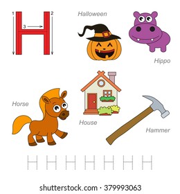 Tracing Worksheet for children. Full english alphabet from A to Z, pictures for letter H, the colorful version.