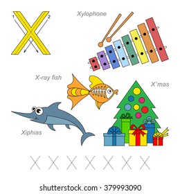 Tracing Worksheet for children. Full english alphabet from A to Z, pictures for letter X, the colorful version.