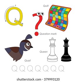 Tracing Worksheet for children. Full english alphabet from A to Z, pictures for letter Q, the colorful version.