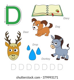 Tracing Worksheet for children. Full english alphabet from A to Z, pictures for letter D, the colorful version.