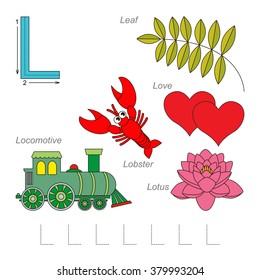 Tracing Worksheet for children. Full english alphabet from A to Z, pictures for letter L, the colorful version.