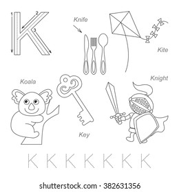 Tracing Worksheet for children. Full english alphabet from A to Z, pictures for letter K, the colorless version.