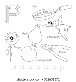 Tracing Worksheet for children. Full english alphabet from A to Z, pictures for letter P, the colorless version.