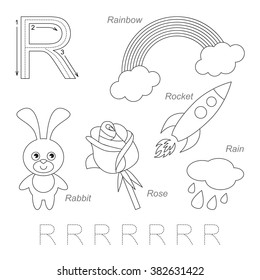Tracing Worksheet for children. Full english alphabet from A to Z, pictures for letter R, the colorless version.
