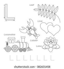 Tracing Worksheet for children. Full english alphabet from A to Z, pictures for letter L, the colorless version.