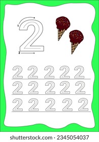 Tracing worksheet number 2. Worksheet that is suitable for learning to write number 2.
