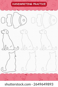 Tracing worksheet for preschool kids featuring cat, dog, and fish shapes for handwriting practice