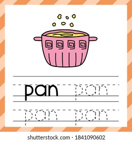 Tracing worksheet with the word - Pan. Phonic learning material or flashcard for kids. I can write words template. Tracing practice sheet. Vector illustration 