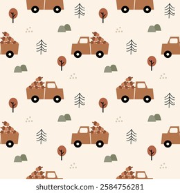 Track acorn cartoon so cute. On tree mountain background. Pattern seamless vector illustration. 