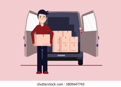
Pista cargando cajas de cartón con una caja de retención de hombre. Ilustración vectorial de diseño plano