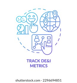 Track DEI metrics blue gradient concept icon. Data analytics. Making inclusion efforts effective practice abstract idea thin line illustration. Isolated outline drawing. Myriad Pro-Bold font used
