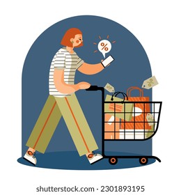 Track discounts online. Application for finding best price. Female character rolls shopping cart, profitable purchase. Products at discounted prices online. Color vector character in flat style