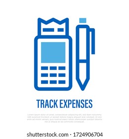 Track expenses: pen with calculator. Control the budget. Financial success. Thin line icon. Vector illustration.