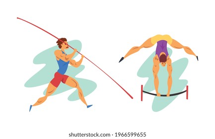 Track and Field Athletes in Action Set, Pole Vaulting, High Jump over Bar Cartoon Vector Illustration