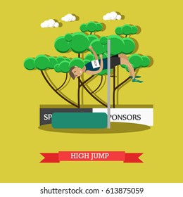 Track and field athletics concept vector illustration. Sportsman jumping over bar at stadium. Athletics Competition. Individual sports. High jump flat style design.
