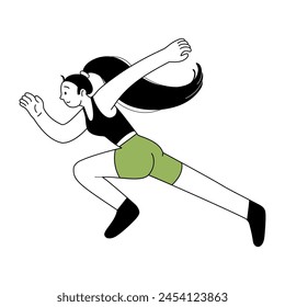 Pista y atletismo de campo. Atleta femenina corriendo maratón. Competencia deportiva. Ilustración de gente moderna. Icono para juegos deportivos. Estilo de vida saludable. Ilustración de línea de Vector de moda.