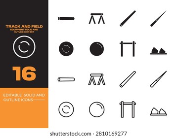 Track and field equipment solid and outline icons illustrating running, jumping, throwing events, stadium gear, and athletic competition tools.
