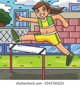 Track and Field Female Jumping Over Hurdle Colored