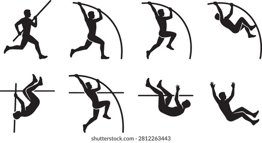 Track and field pole vaulting athlete jumping action silhouettes