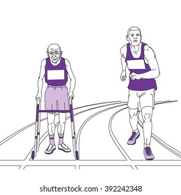 Track & field race between a heathy young man & an elderly bald man with a walker both standing at the starting line of a race track
