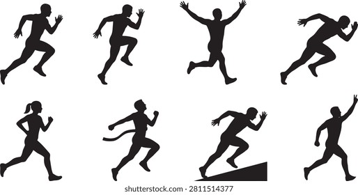 Track and field sprinters in competitive running motion silhouettes