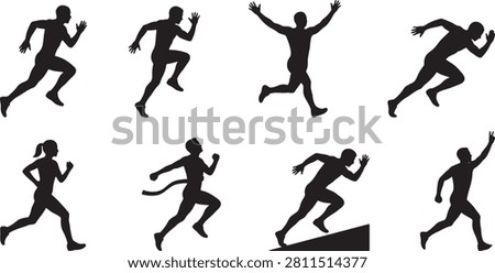 Track and field sprinters in competitive running motion silhouettes