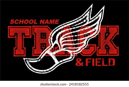 track and field team design with winged foot for school, college or league sports